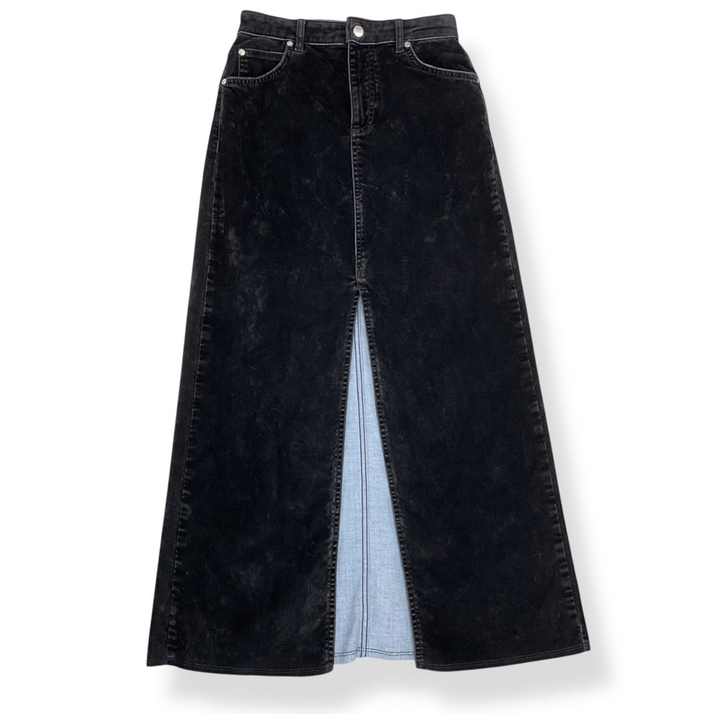 Anthropologie‎ Pilcro Black Skirt Women Size 0 Velvet Denim Maxi High Slit Midi